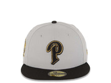 Load image into Gallery viewer, San Diego Padres New Era MLB 59FIFTY 5950 Fitted Cap Hat Gray Crown Black Visor Black/Metallic Gold Logo 25th Anniversary Side Patch Gray UV
