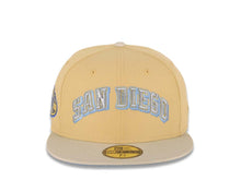 Load image into Gallery viewer, San Diego Padres New Era MLB 59FIFTY 5950 Fitted Cap Hat Vegas Gold Crown Stone Visor Metallic Blue/Gold Script Logo 50th Anniversary Side Patch