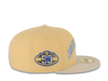 Load image into Gallery viewer, San Diego Padres New Era MLB 59FIFTY 5950 Fitted Cap Hat Vegas Gold Crown Stone Visor Metallic Blue/Gold Script Logo 50th Anniversary Side Patch