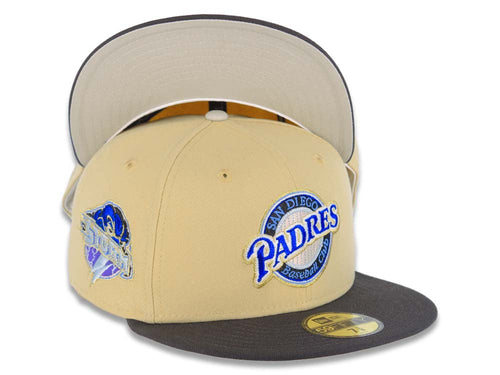 San Diego Padres New Era MLB 59FIFTY 5950 Fitted Cap Hat Vegas Gold Crown Gray Visor Metallic Blue/Gold Baseball Club Logo Elsinore Storm SidePatch