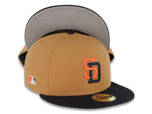 Load image into Gallery viewer, San Diego Padres New Era MLB 59FIFTY 5950 Fitted Cap Hat Light Brown Crown Navy Blue Visor Orange/Navy Blue Logo Gray UV