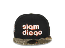 Load image into Gallery viewer, San Diego Padres New Era MLB 59FIFTY 5950 Fitted Cap Hat Black Crown Real Tree Edge Camo Visor Glow White/Orange Slam Logo 40th Anniversary Side Patch
