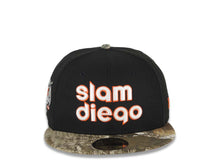 Load image into Gallery viewer, San Diego Padres New Era MLB 59FIFTY 5950 Fitted Cap Hat Black Crown Real Tree Edge Camo Visor Glow White/Orange Slam Logo 40th Anniversary Side Patch