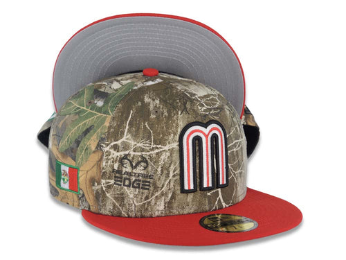 Mexico New Era WBC World Baseball Classic 59FIFTY 5950 Fitted Cap Hat Real Tree Edge Camo Crown Red Visor Glow White/Red Logo Mexico Flag Side Patch