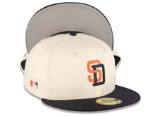 Load image into Gallery viewer, San Diego Padres New Era MLB 59FIFTY 5950 Fitted Cap Hat Cream Crown Dark Navy Visor Orange/Dark Navy Logo MLB Batterman Batty Side Patch Gray UV