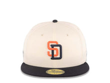 Load image into Gallery viewer, San Diego Padres New Era MLB 59FIFTY 5950 Fitted Cap Hat Cream Crown Dark Navy Visor Orange/Dark Navy Logo MLB Batterman Batty Side Patch Gray UV