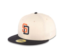 Load image into Gallery viewer, San Diego Padres New Era MLB 59FIFTY 5950 Fitted Cap Hat Cream Crown Dark Navy Visor Orange/Dark Navy Logo MLB Batterman Batty Side Patch Gray UV