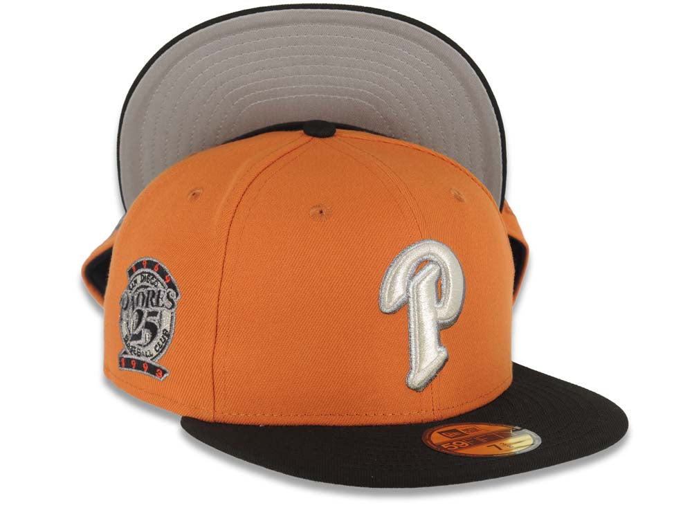 San Diego Padres New Era MLB 59FIFTY 5950 Fitted Cap Hat Dark Orange Crown  Black Visor Metallic Silver/White P Logo 25th Anniversary Side Patch