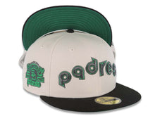 Load image into Gallery viewer, San Diego Padres New Era MLB 59FIFTY 5950 Fitted Cap Hat Stone Crown Black Visor Metallic Black/Metallic Green Script Logo Stadium Side Patch Green UV