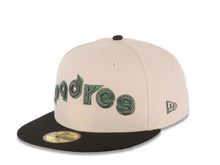 Load image into Gallery viewer, San Diego Padres New Era MLB 59FIFTY 5950 Fitted Cap Hat Stone Crown Black Visor Metallic Black/Metallic Green Script Logo Stadium Side Patch Green UV