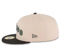 Load image into Gallery viewer, San Diego Padres New Era MLB 59FIFTY 5950 Fitted Cap Hat Stone Crown Black Visor Metallic Black/Metallic Green Script Logo Stadium Side Patch Green UV