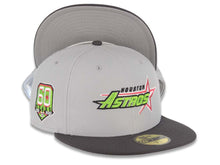 Load image into Gallery viewer, Houston Astros New Era MLB 59FIFTY 5950 Fitted Cap Hat Gray Crown Dark Gray Visor Lime Green/Red Logo 60th Anniversary Side Patch Gray UV