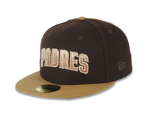 Load image into Gallery viewer, San Diego Padres New Era MLB 59FIFTY 5950 Fitted Cap Hat Dark Brown Crown Wheat Visor Matallic Brown/Cream Gradient Logo Petco Park Side Patch Gray UV