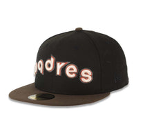 Load image into Gallery viewer, San Diego Padres New Era MLB 59FIFTY 5950 Fitted Cap Hat Black Crown Brown Visor Cream/Red/Metallic Gray Script Logo Catching Friar Side Patch Pink UV
