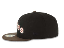 Load image into Gallery viewer, San Diego Padres New Era MLB 59FIFTY 5950 Fitted Cap Hat Black Crown Brown Visor Cream/Red/Metallic Gray Script Logo Catching Friar Side Patch Pink UV