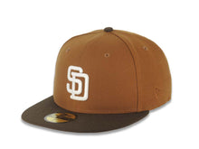 Load image into Gallery viewer, San Diego Padres New Era MLB 59FIFTY 5950 Fitted Cap Hat Toasted Peanut Crown Brown Visor Glow White Logo 1998 World Series Side Patch Pink UV