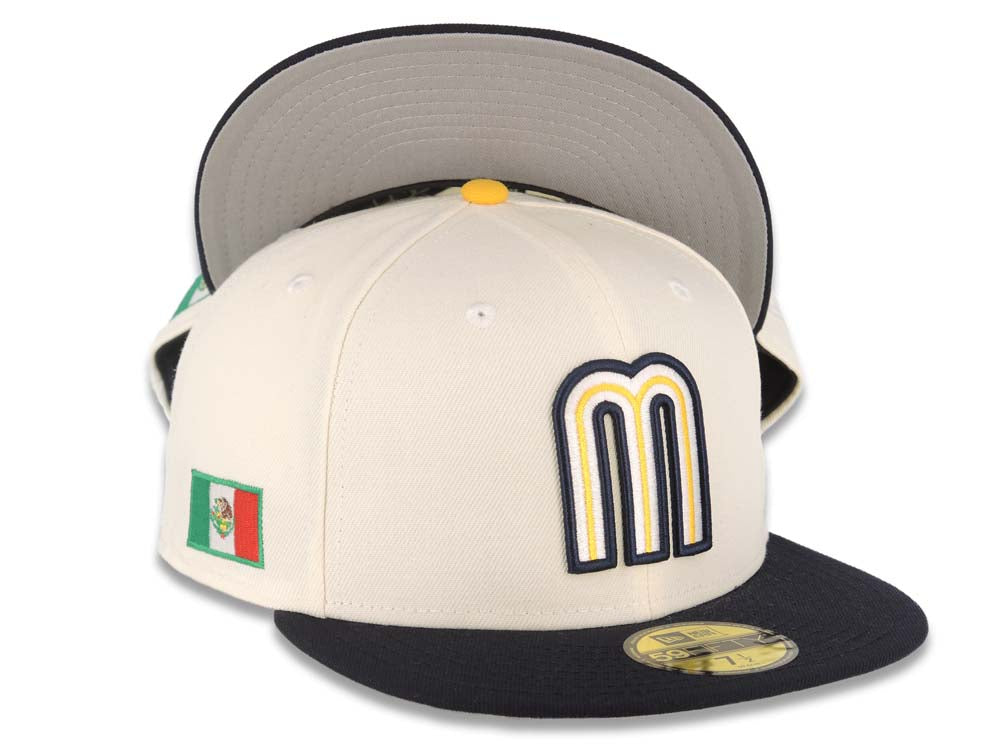 Mexico New Era 59FIFTY 5950 Fitted Cap Hat Cream Crown Navy Blue Visor Yellow/White/Navy Logo Mexico Flag Side Patch Gray UV 7 7/8