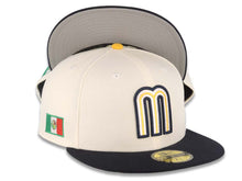 Load image into Gallery viewer, Mexico New Era 59FIFTY 5950 Fitted Cap Hat Cream Crown Navy Blue Visor Yellow/White/Navy Logo Mexico Flag Side Patch Gray UV