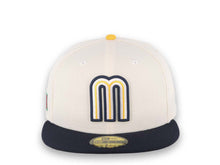 Load image into Gallery viewer, Mexico New Era 59FIFTY 5950 Fitted Cap Hat Cream Crown Navy Blue Visor Yellow/White/Navy Logo Mexico Flag Side Patch Gray UV