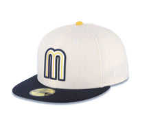 Load image into Gallery viewer, Mexico New Era 59FIFTY 5950 Fitted Cap Hat Cream Crown Navy Blue Visor Yellow/White/Navy Logo Mexico Flag Side Patch Gray UV