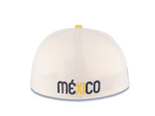 Load image into Gallery viewer, Mexico New Era 59FIFTY 5950 Fitted Cap Hat Cream Crown Navy Blue Visor Yellow/White/Navy Logo Mexico Flag Side Patch Gray UV