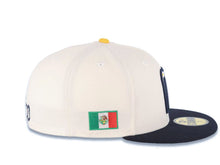Load image into Gallery viewer, Mexico New Era 59FIFTY 5950 Fitted Cap Hat Cream Crown Navy Blue Visor Yellow/White/Navy Logo Mexico Flag Side Patch Gray UV