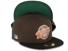 Load image into Gallery viewer, San Diego Padres New Era MLB 59FIFTY 5950 Fitted Cap Hat Brown Crown Black Visor Dark Orange/Brown Baseball Club Logo Batterman Batty Side Patch Green UV