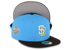 Load image into Gallery viewer, San Diego Padres New Era MLB 59FIFTY 5950 Fitted Cap Hat Blue Crown Black Visor White/Yellow Logo 1998 World Series Side Patch Gray UV