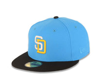 Load image into Gallery viewer, San Diego Padres New Era MLB 59FIFTY 5950 Fitted Cap Hat Blue Crown Black Visor White/Yellow Logo 1998 World Series Side Patch Gray UV