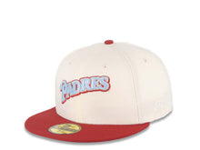 Load image into Gallery viewer, San Diego Padres New Era MLB 59FIFTY 5950 Fitted Cap Hat Cream Crown Maroon Visor Sky Blue/Maroon Logo 40th Anniversary Side Patch Sky Blue UV