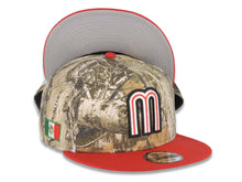 Load image into Gallery viewer, Mexico New Era 9FIFTY 950 Snapback Cap Hat Real Tree Edge Camo Crown Red Visor Glow White/Red “M” Logo Mexico Flag Side Patch