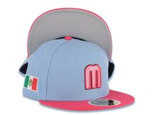 Load image into Gallery viewer, (Youth) Mexico New Era WBC World Baseball Classic 59FIFTY 5950 Kid Fitted Cap Hat Sky Blue Crown Magenta Visor White/Magenta M Logo Mexico Flag Side Patch