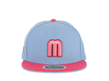 Load image into Gallery viewer, (Youth) Mexico New Era WBC World Baseball Classic 59FIFTY 5950 Kid Fitted Cap Hat Sky Blue Crown Magenta Visor White/Magenta M Logo Mexico Flag Side Patch