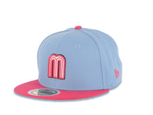 Load image into Gallery viewer, (Youth) Mexico New Era WBC World Baseball Classic 59FIFTY 5950 Kid Fitted Cap Hat Sky Blue Crown Magenta Visor White/Magenta M Logo Mexico Flag Side Patch