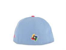 Load image into Gallery viewer, (Youth) Mexico New Era WBC World Baseball Classic 59FIFTY 5950 Kid Fitted Cap Hat Sky Blue Crown Magenta Visor White/Magenta M Logo Mexico Flag Side Patch