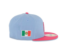 Load image into Gallery viewer, (Youth) Mexico New Era WBC World Baseball Classic 59FIFTY 5950 Kid Fitted Cap Hat Sky Blue Crown Magenta Visor White/Magenta M Logo Mexico Flag Side Patch