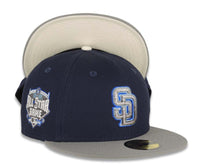 Load image into Gallery viewer, San Diego Padres New Era MLB 59FIFTY 5950 Fitted Cap Hat Navy Blue Crown Gray Visor Metallic Black/Blue Logo 2016 All-Star Game Side Patch Cream UV