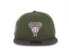 Load image into Gallery viewer, Arizona Diamondbacks New Era MLB 59FIFTY 5950 Fitted Cap Hat Olive Green Crown Gray Visor Metallic Gray/White Snake Logo 20th Anniversary Side Patch Gray UV