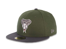 Load image into Gallery viewer, Arizona Diamondbacks New Era MLB 59FIFTY 5950 Fitted Cap Hat Olive Green Crown Gray Visor Metallic Gray/White Snake Logo 20th Anniversary Side Patch Gray UV