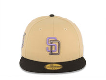 Load image into Gallery viewer, San Diego Padres New Era MLB 59FIFTY 5950 Fitted Cap Hat Vegas Gold Crown Black Visor Purple/Metallic Black Logo 40th Anniversary Side Patch Sky Blue