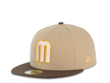 Load image into Gallery viewer, Mexico New Era 59FIFTY 5950 Fitted Cap Hat Khaki Crown Brown Visor Pink/Cream/Metallic Gold Logo Mexico Flag Side Patch Gray UV