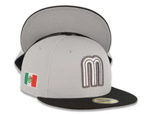 Load image into Gallery viewer, Mexico New Era 59FIFTY 5950 Fitted Cap Hat Gray Crown Black Visor White/Metallic Black Logo Mexico Flag Side Patch Gray UV