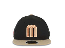 Load image into Gallery viewer, (Youth) Mexico New Era 59FIFTY 5950 Kid Fitted Cap Hat Black Crown Khaki Visor Metallic Brown/Khaki M Logo Mexico Flag Side Patch Orange UV