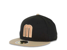 Load image into Gallery viewer, (Youth) Mexico New Era 59FIFTY 5950 Kid Fitted Cap Hat Black Crown Khaki Visor Metallic Brown/Khaki M Logo Mexico Flag Side Patch Orange UV