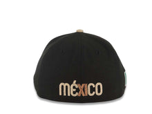 Load image into Gallery viewer, (Youth) Mexico New Era 59FIFTY 5950 Kid Fitted Cap Hat Black Crown Khaki Visor Metallic Brown/Khaki M Logo Mexico Flag Side Patch Orange UV
