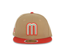 Load image into Gallery viewer, (Youth) Mexico New Era 59FIFTY 5950 Kid Fitted Cap Hat Khaki Crown Red Visor Team Color M Logo Mexico Flag Side Patch Gray UV