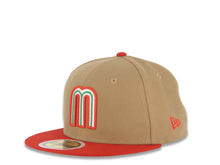 Load image into Gallery viewer, (Youth) Mexico New Era 59FIFTY 5950 Kid Fitted Cap Hat Khaki Crown Red Visor Team Color M Logo Mexico Flag Side Patch Gray UV