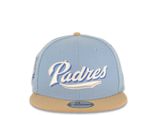Load image into Gallery viewer, San Diego Padres New Era MLB 9FIFTY 950 Snapback Cap Hat Sky Blue Crown Khaki Visor Blue/White Script Logo 40th Anniversary Side Patch Pink UV