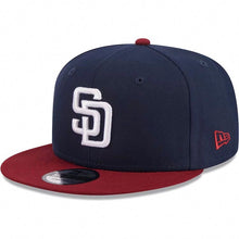 Load image into Gallery viewer, San Diego Padres New Era MLB 9FIFTY 950 Snapback Cap Hat Navy Blue Crown Cardinal Visor White Logo (2-Tone Color Pack)