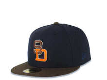 Load image into Gallery viewer, San Diego Padres New Era MLB 59FIFTY 5950 Fitted Cap Hat Navy Blue Crown Brown Visor Brown/Orange Logo Batterman Batty Side Patch Gray UV